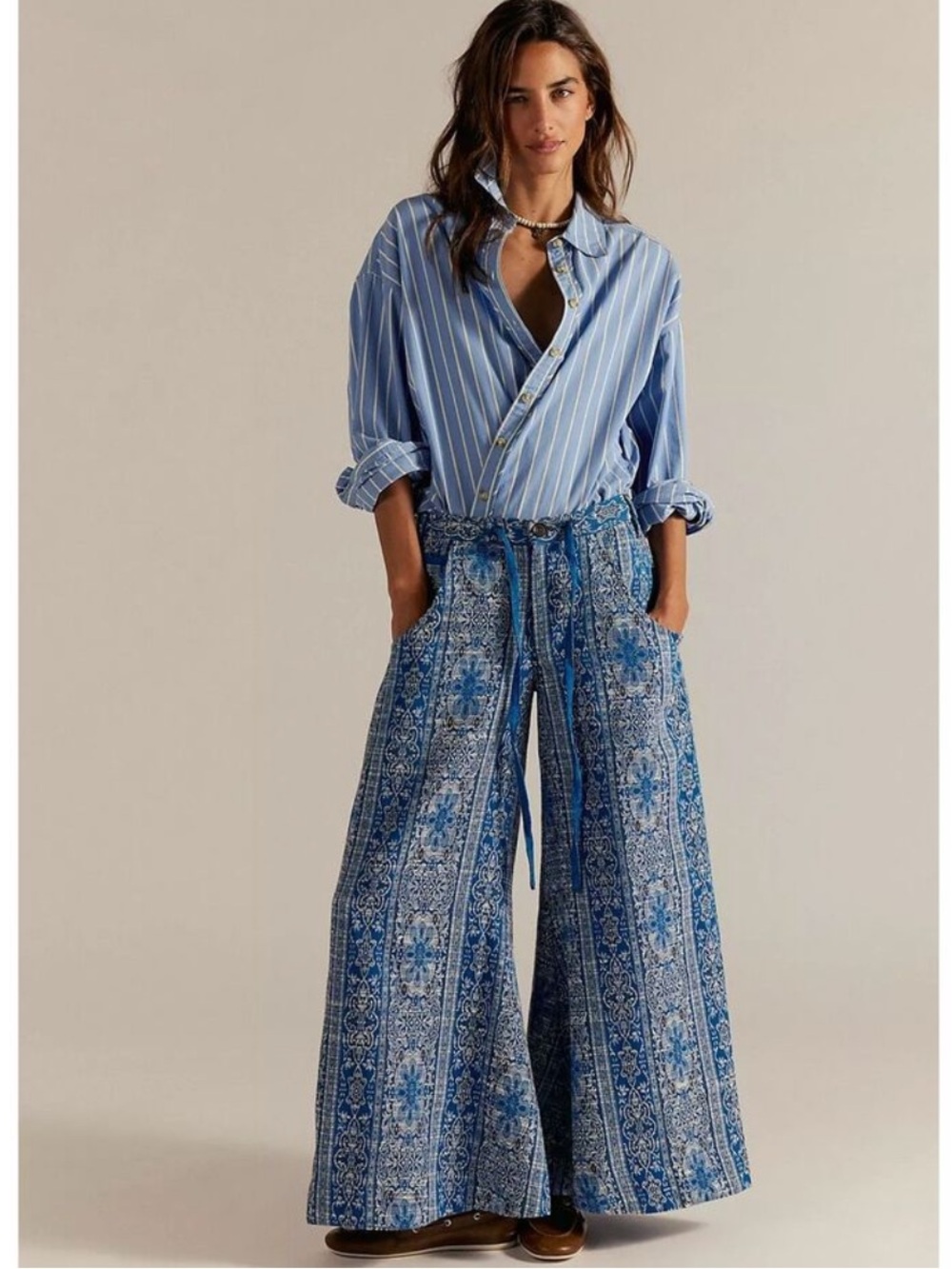 NWOT FREE PEOPLE Dahlia Wide-Leg Pants in Blue Combo SZ: 8